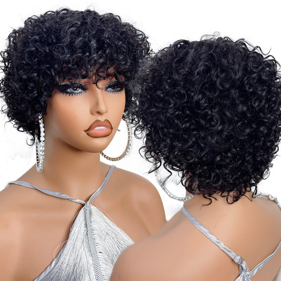 Pixie Cut Human Hair Wigs For Black Women Afro Rose Curly Funmi Glueless Wigs with Bangs Short Bouncy Curly Bob Wig With Bangs 251201