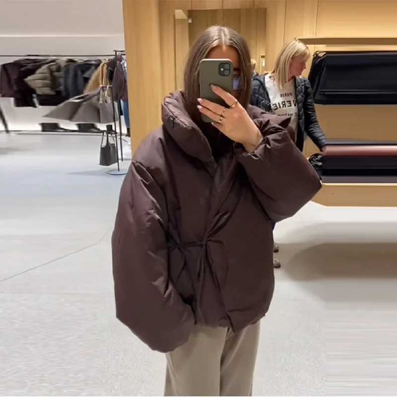 Winter Warm Puffy Womens Down Jacket Thicken High Collar Lace Up Cotton Padded Coats Single Breasted Outwear 2025 New Lady CoatT251201