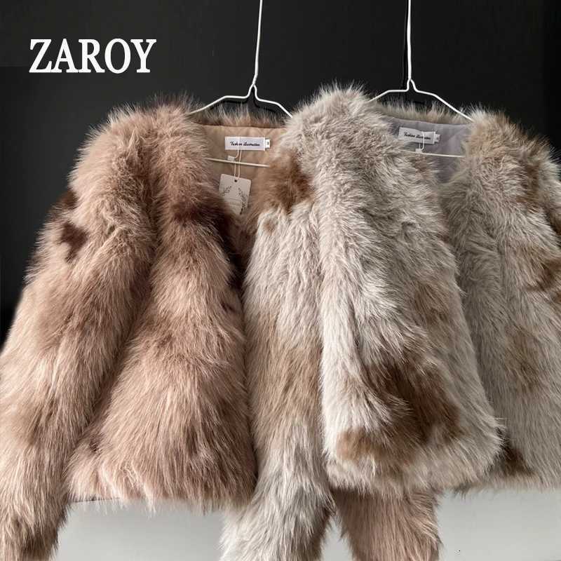 ZAROY Gradient Faux Fur Coat Winter Long Sleeve V Neck Open Stitch Thick Warm Outerwear Fluffy Artificial Fox Fur Jacket T251201