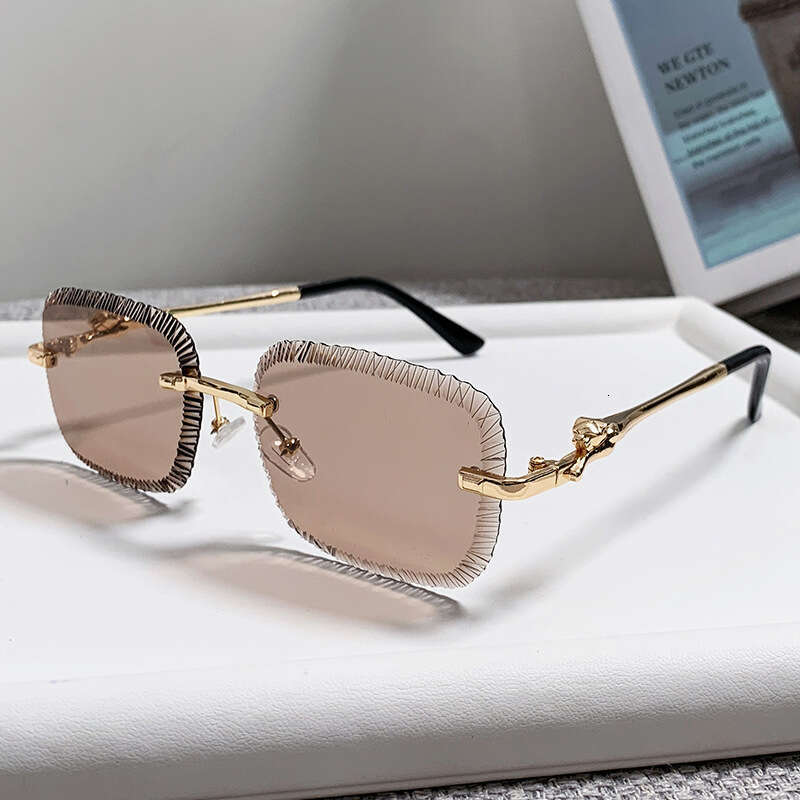 Cross-Border New Designer Sawtooth Frameless European and American Ins Fashion Leopard Head Metal Sunglasses