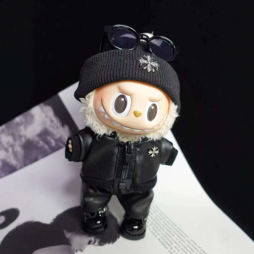 15/17cm Doll Labubu Sitting Party Motorcycle Trendy Cool Leather Jacket Hat Set Clothes