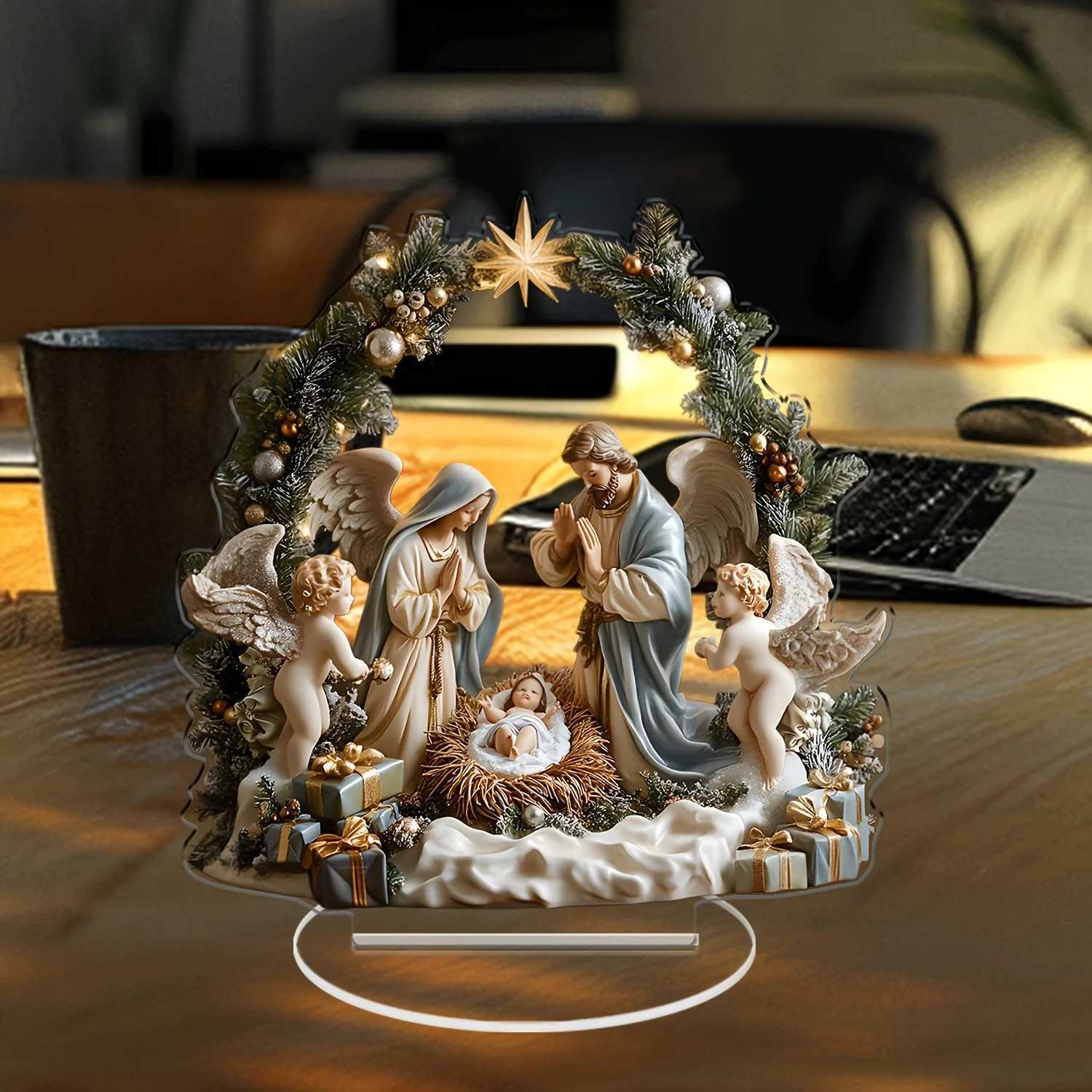 1pcs 2D Acrylic Desktop Christmas Decor - Jesus Birth Scene Virgin Mary Angel Cartoon Color Print He Festive Gifts H251129
