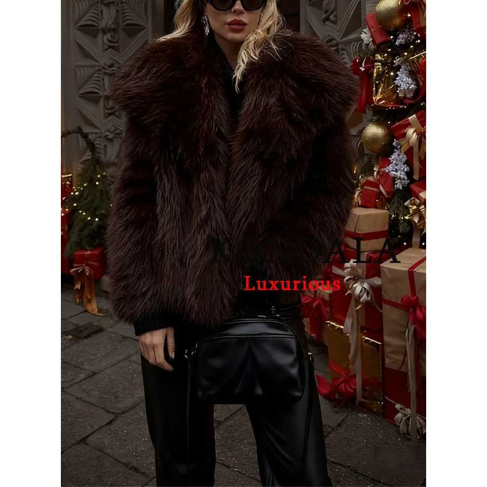 KONDALA Casual Brown Thick Fur Jackets Women Long Sleeve V Neck Autumn Winter Faux Fur Coats Fashion 2025 Streetwear OutwearsT251201