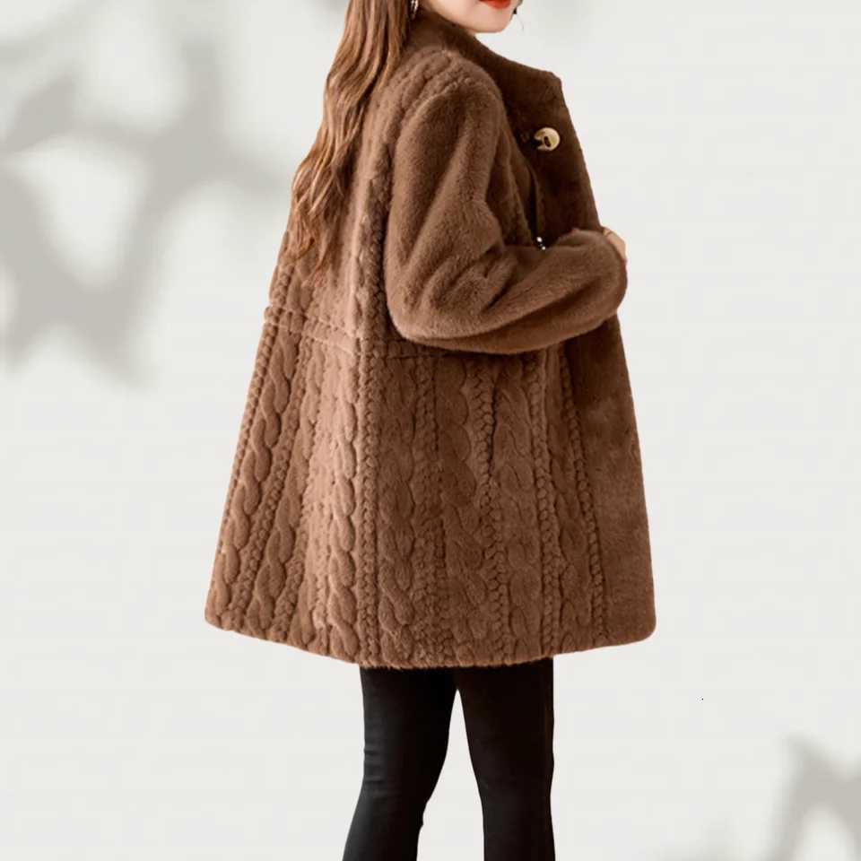 Womens Winter Small Stand Collar Waist Warm Imitation Fur JacketT251201