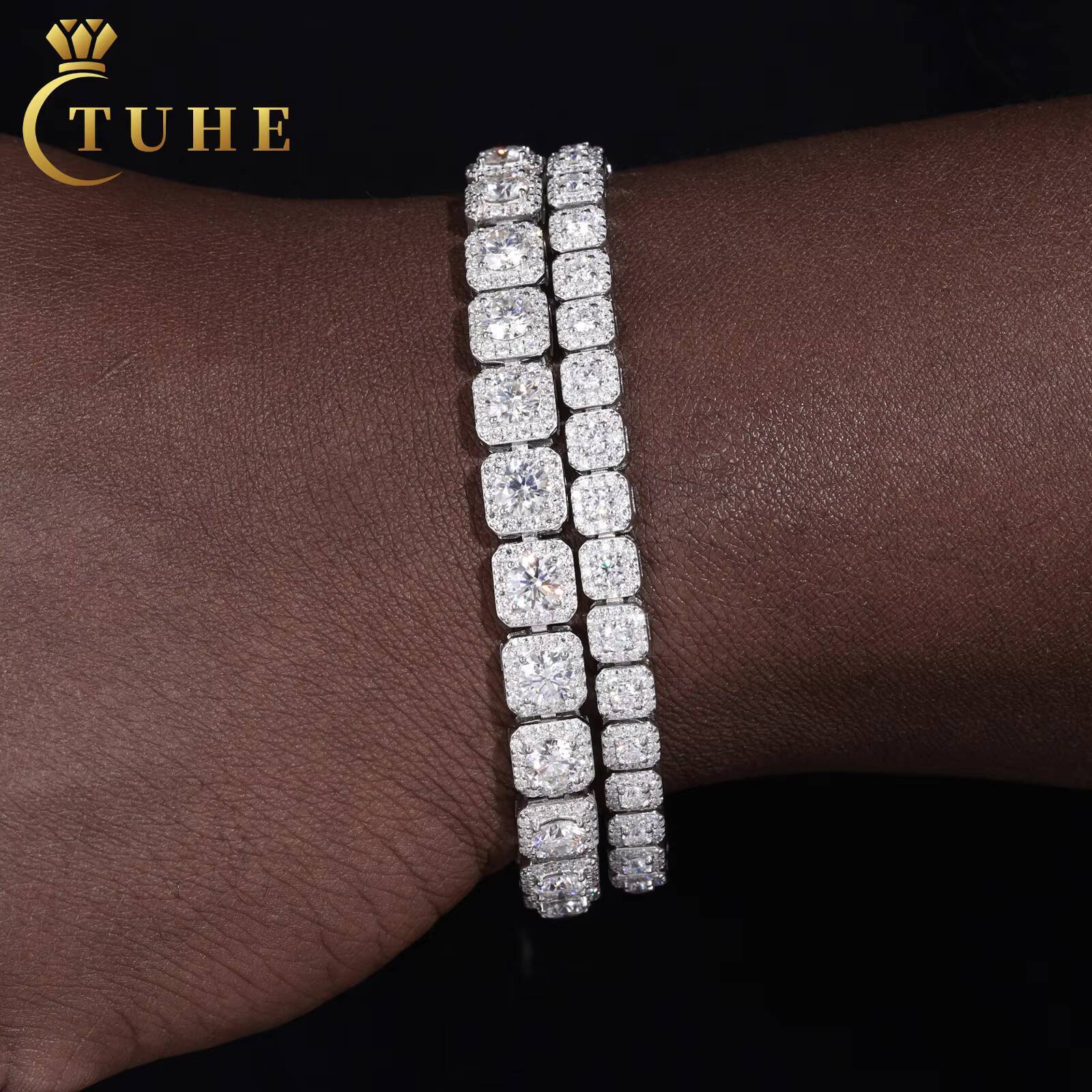 Sparkling 6mm 8mm Moissanite Halo Tennis Bracelet High Quality White Gold Non Fade 925 Sterling Silver Hip Hop Jewelry for Men