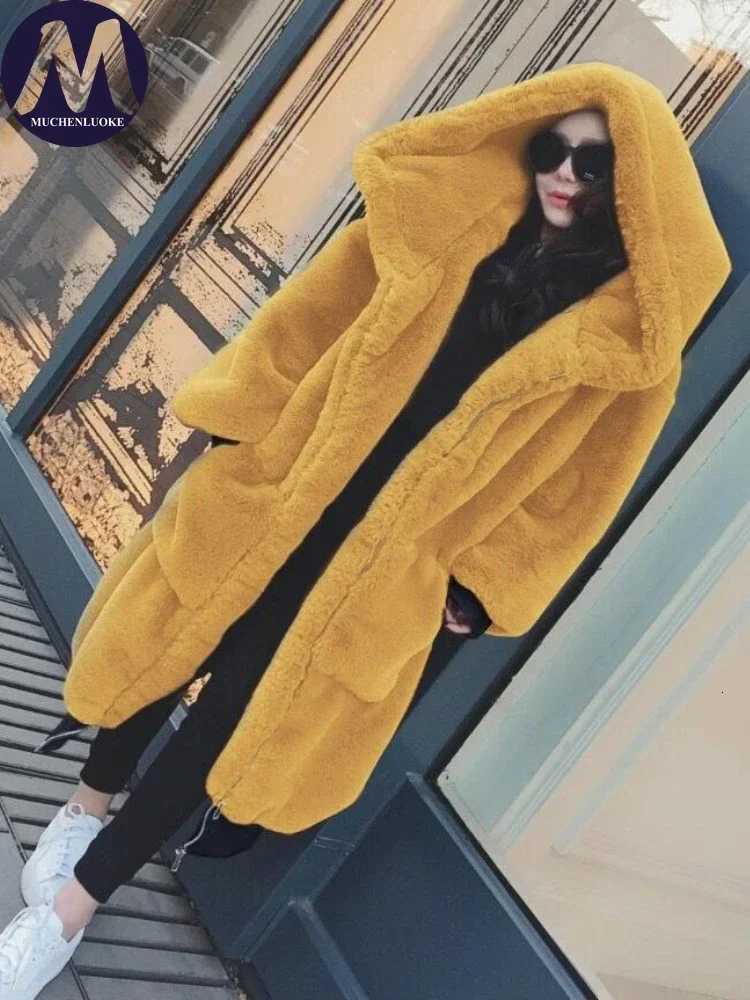 Womens Hooded Faux Fur Coat Mid Length Coats Loose Plush Thickening Warm Casual Fashion Autumn Winter NewT251201