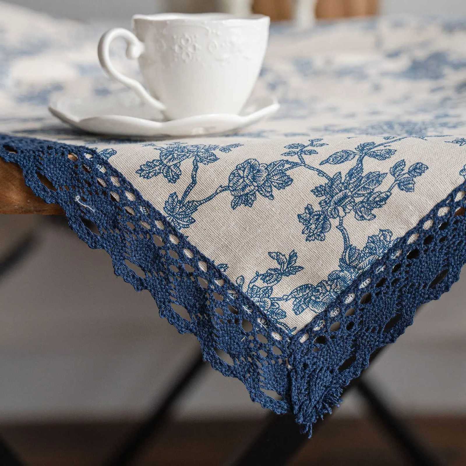Linen Cotton Tablecloth with Lace Rectangular Dining Table Cover Tea Table Cloth Blue Rose Printing Pastoral Y251201