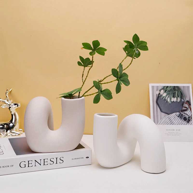 Ceramic Vase Curved Pipe Flower Arrangement Geetry Flower Vase Abstract Craft Ornaments Flowerpot He Decoration Accessories Y251201