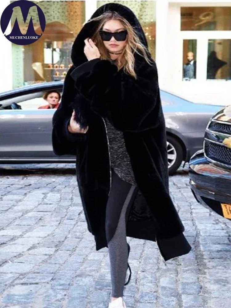 Womens Hooded Faux Fur Coat Mid Length Coats Loose Plush Thickening Warm Casual Fashion Autumn Winter NewT251201