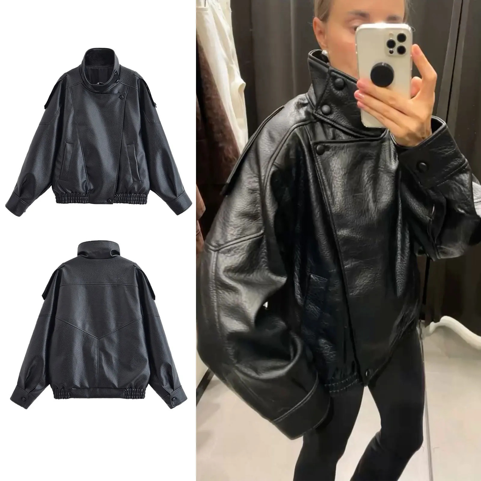 HH Street Fashion Asymmetric Leather Jacket For Women Long Sleeves Zipper With Pockets Turtleneck Autumn Retro Loose Coats 251103