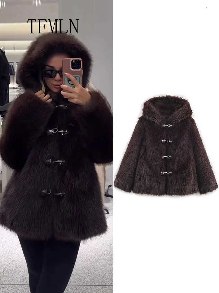 2025 Autumn Winter Women Faux Fur Jackets Luxury Thick Warm Hooded Loose Fur Coats Chic Causal Fashion Girls Furry OvercoatT251201