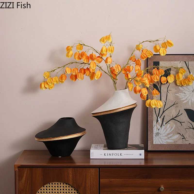 Black and White Color Blocking Ceramic Vase Gold-plated Plant Pot Table Decoration Flower Arrangement Vases Ro Aesthetic Decor Y251201