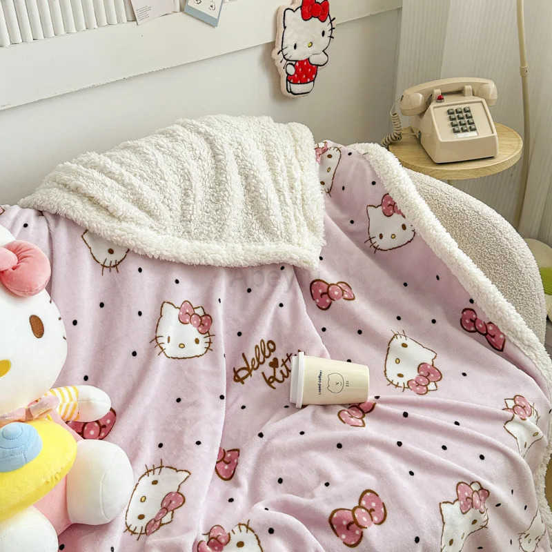 Sanrio Kawaii Kuromi Hello Kitty Autumn Winter Velvet Childrens Cartoon Cute Blanket Milk Velvet Thick Quilt Girls Gifts Toys H251201