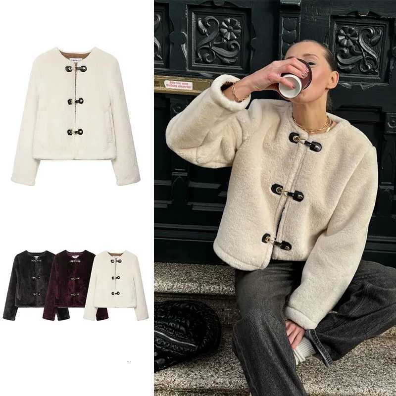 Women Fashion Winter Fur Coat Solid Beige Long Sleeves Horn Buckle Loose Jackets Female Casual Vintage High Street Outerwear TopT251201