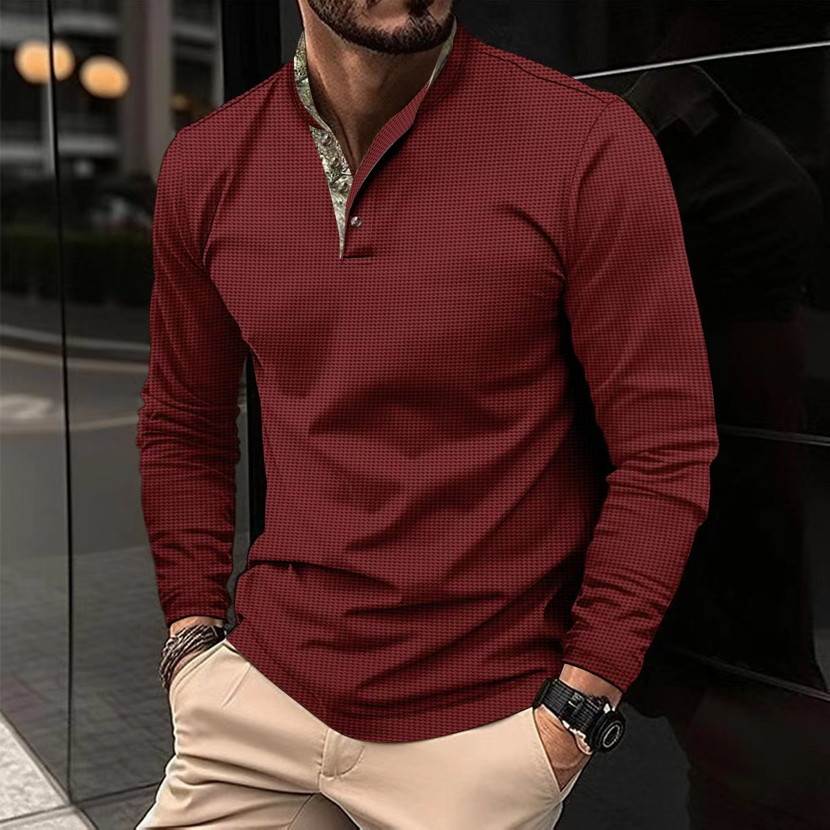 New Mens Waffle Knit Polo Shirt Long Sleeve Spring Autumn Double Layer Stand Collar Casual Men Shirt European size: S-2XL