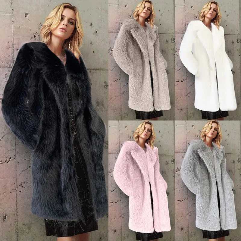 White Long Faux Fur Coat Women Autumn Winter Large Jacket Overcoat Turn Down Collar Pockets Thick Coat Warm Jackets Maxi CoatsT251201