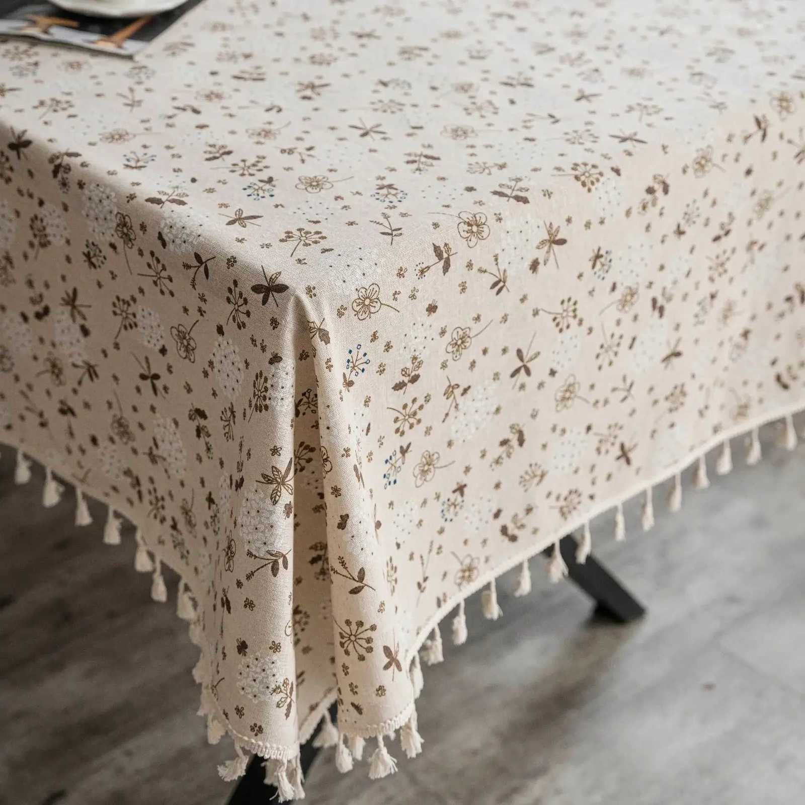 Vintage Cotton Linen Tablecloth Floral Pattern Table Cloth with Tassel Washable Table Cover for DinningPicnicTabletop Decor Y251201