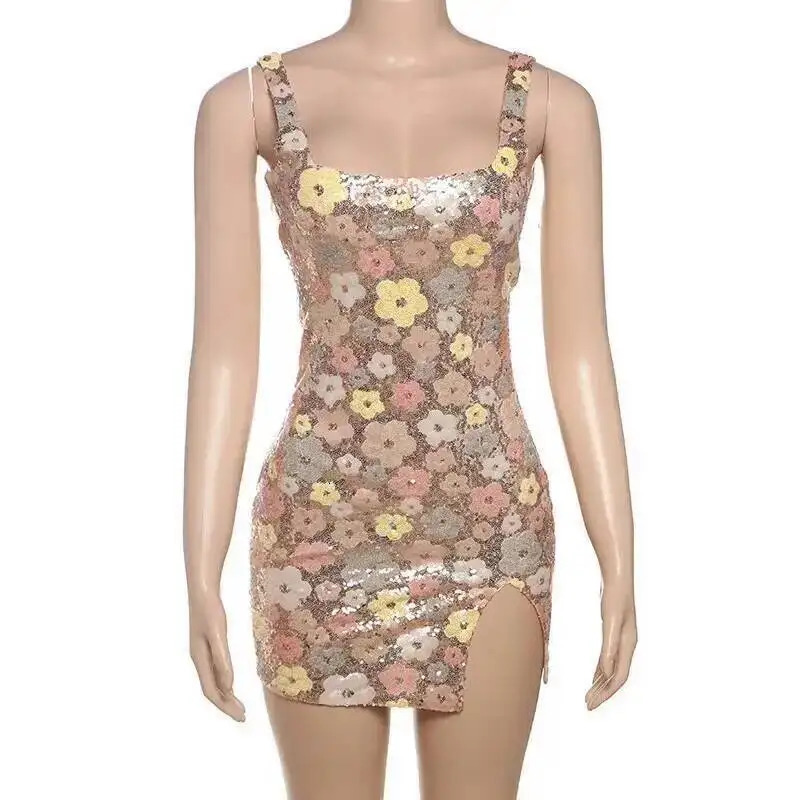 Townlike Floral Sequin Nightclub Sexy Party Dress Women Spaghetti Strap Mini Spring Summer Dress Slim Bodycon Dresses 251126