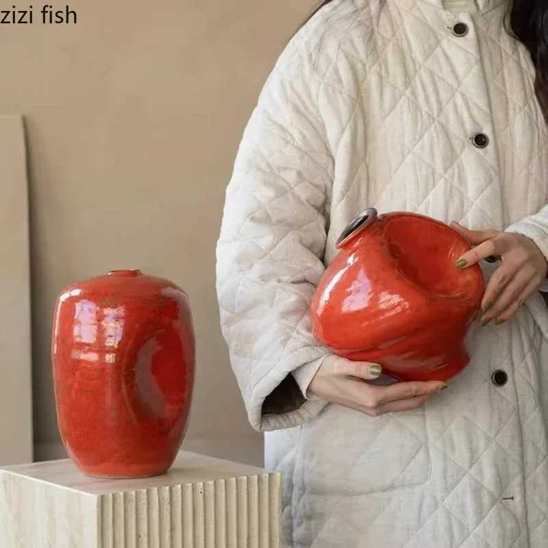 Red Gla Ceramic Vase Irregar Flower Arrangement Vese Hydroponic Vase Desktop Artistic Flower Ware Dried Flower Vases Y251201