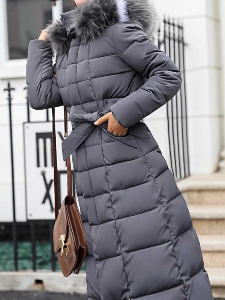 New Winter Womens Jacket Warm Fashion Comfortable Bow Belt Fox Fur Collar Clothes Long Dress Office Casual Womens Thick CoatT251201