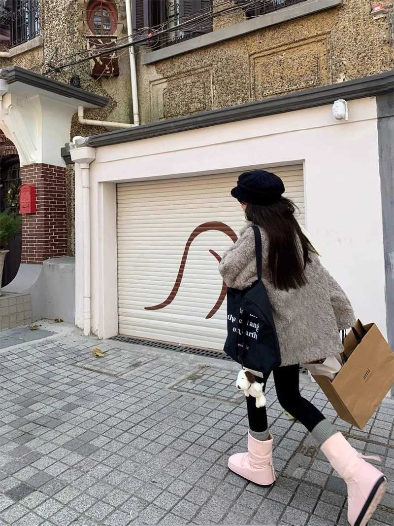 New Fur Coat Mid To Long Winter Stand Up Collar With Cow Horn Cotton Thick An Warm Loose Fitting Imitation Rabbit Fur Coat TopT251201