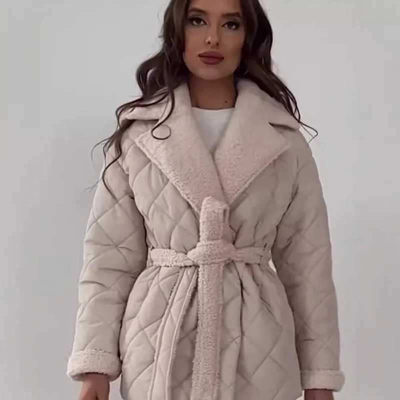 Elegant Quilted Coat With Faux Fur Lining For Women Fashion Lapel Belted Waist Coat Lady 2025 Fall Winter Chic Street OuterwearT251201