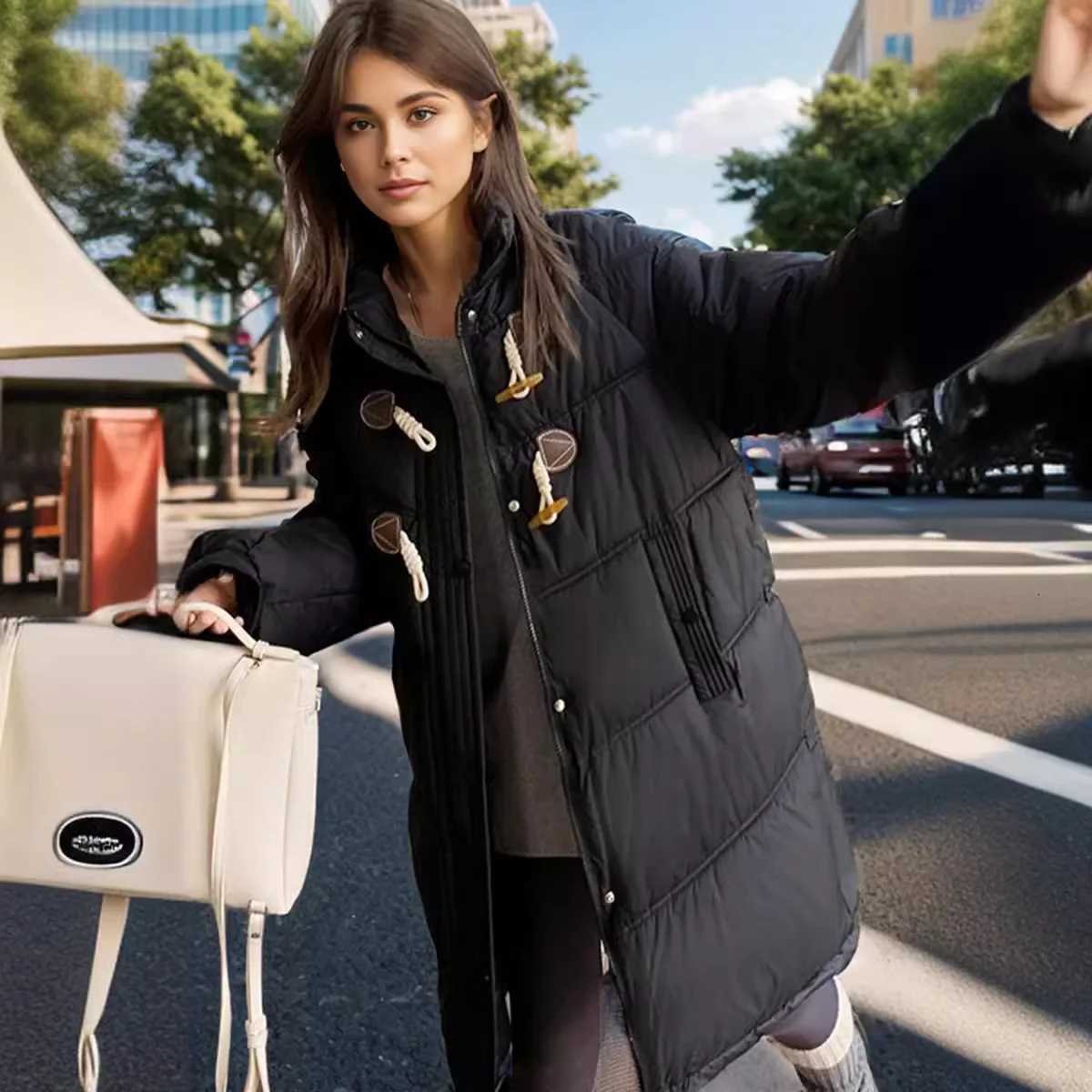 2025 Winter Womens Long Jacket Female Hooded Casual Thicken Warm Parkas Coats Horn Button High Collar Cotton Jacket For LadyT251201