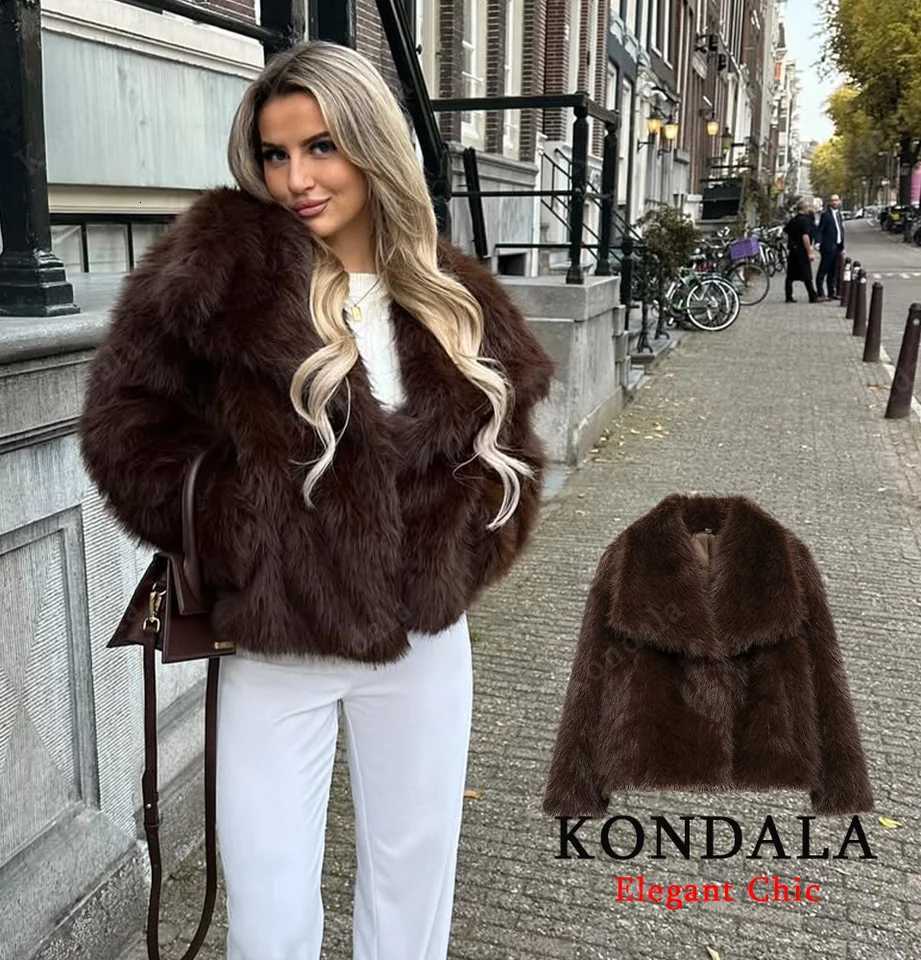 KONDALA Elegant Fur Coat Women Fall Winter Fashion Warm Faux Fur Brown Coat 2025 New Fashion Vintage Casual Female Jacket CoatT251201