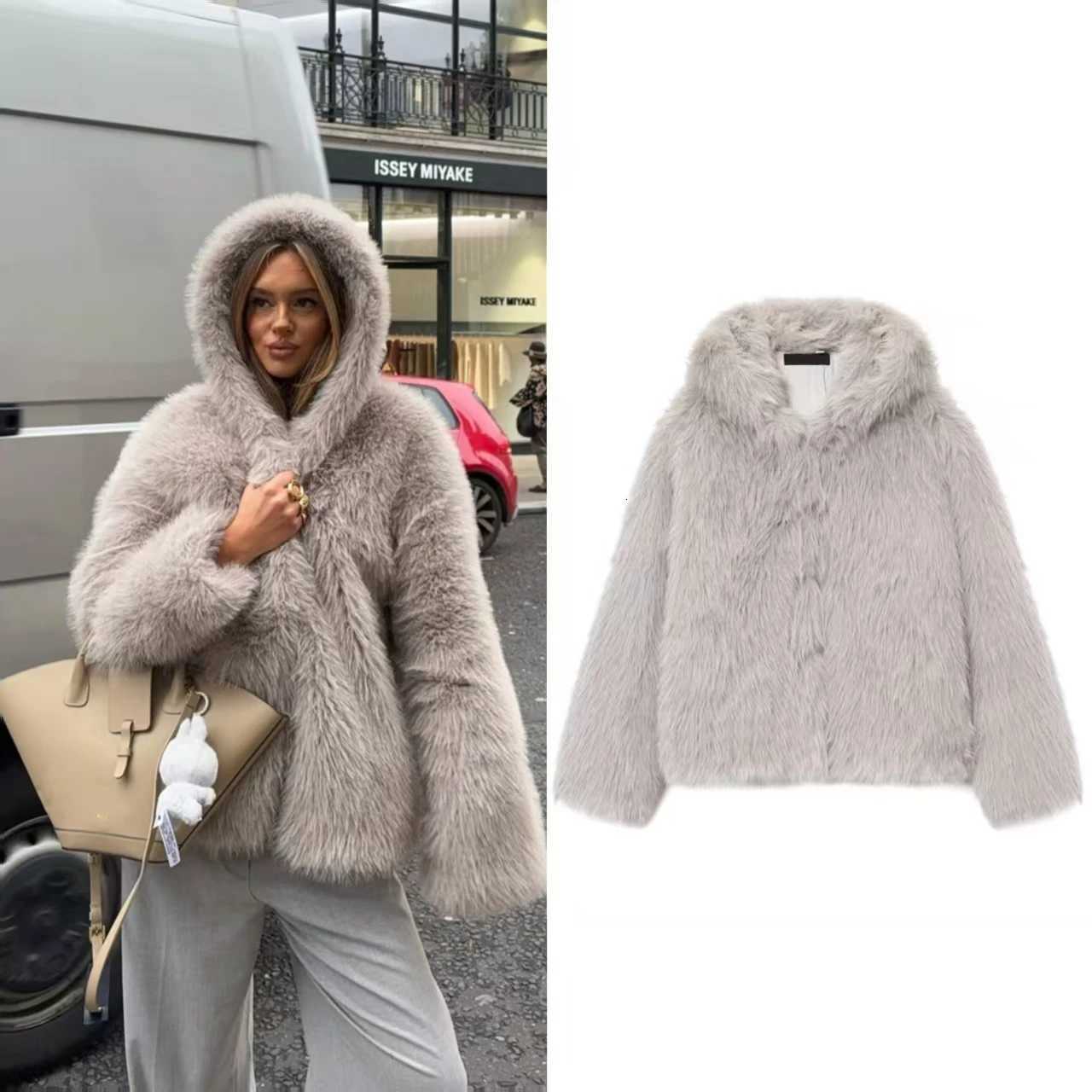Womens Coat 2025 Winter New Gray Long-Sleeve Faux Fur Hooded Warm Loose Coat Casual Fashion High-End PersonalizedT251201