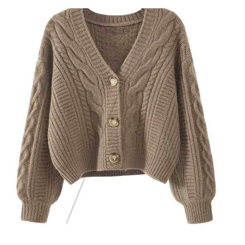 New Simple Elegant Office Coat V Neck Twist Cardigan Short Sweater Loose Women Korean Style Retro Jackets Autumn Winter Clothing M260306