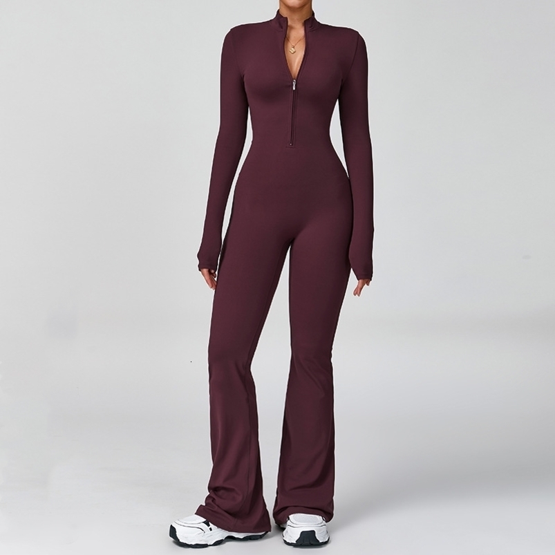 Women Tracksuit Zipper Flared Jumpsuits Yoga Suit OnePiece Sport Fitness Workout Set Stretch Bodysuit Gym Push Up Sportswear 251129
