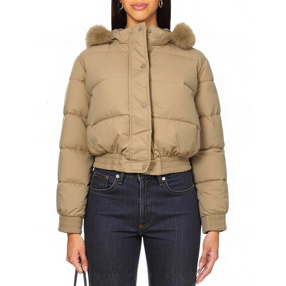 Womens Down Jacket with Faux Fur Pom-Pom Hood Solid Color Crop Style for Winter Casual Warm Daily Wear Cotton-Padded CoatT251201