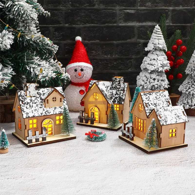 LED Wooden Christmas House Village Unfinished Xmas Snow House DIY Wood Cht Tree Ornaments Christmas Table Centerpieces H251129