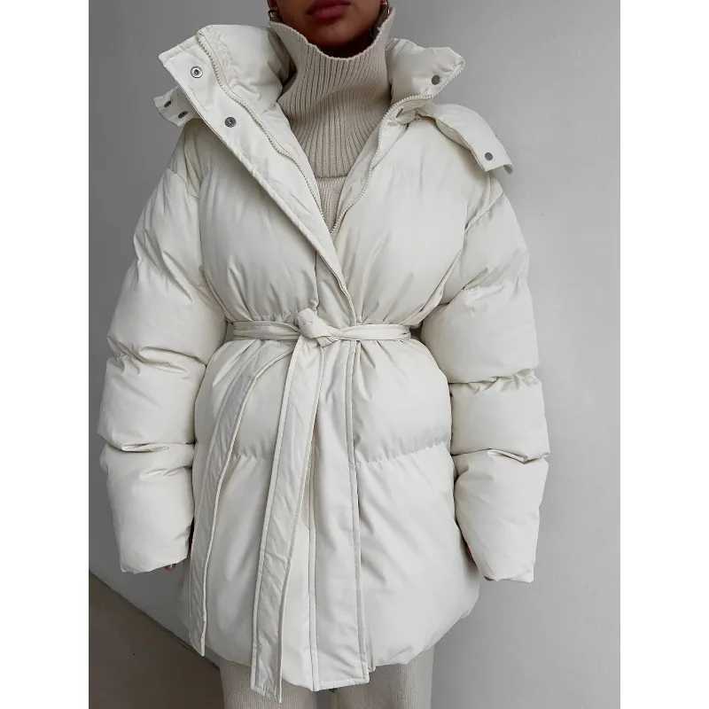 ZEMOREXMZ 2025 Winter Fashion Casual Lace-up Waisted Hooded Mid-Length Jacket For Women Solid Color Thickened Cotton CoatT251201