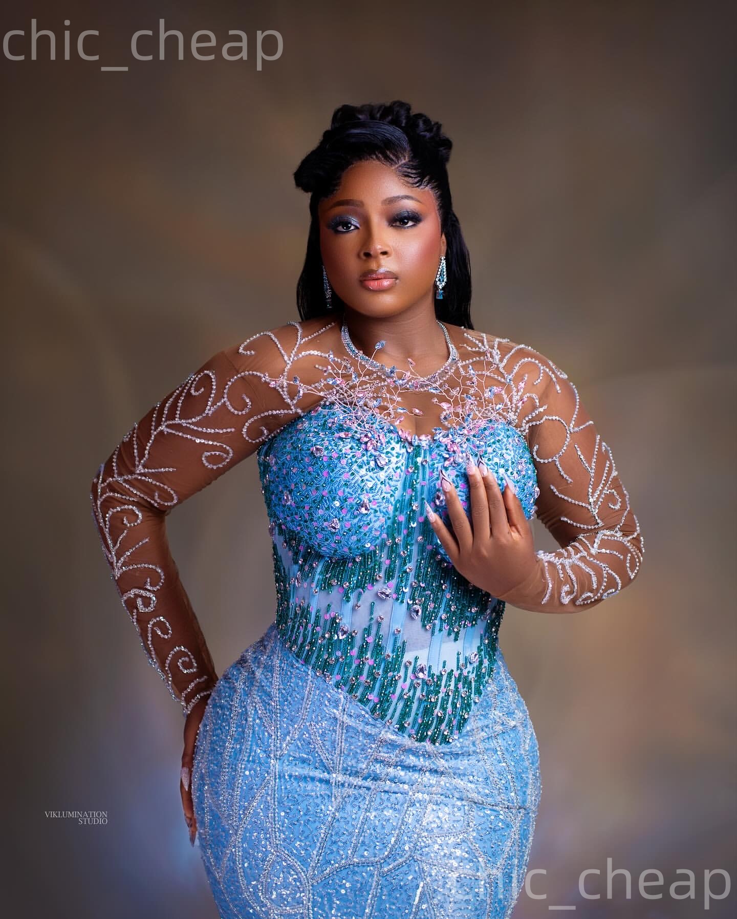 Aso Ebi Sky Blue Mermaid Prom Dresses 2026 Crystals Beaded Full Sleeves Evening Formal Party Second Birthday Engagement Gowns Plus Size Dress For Spec