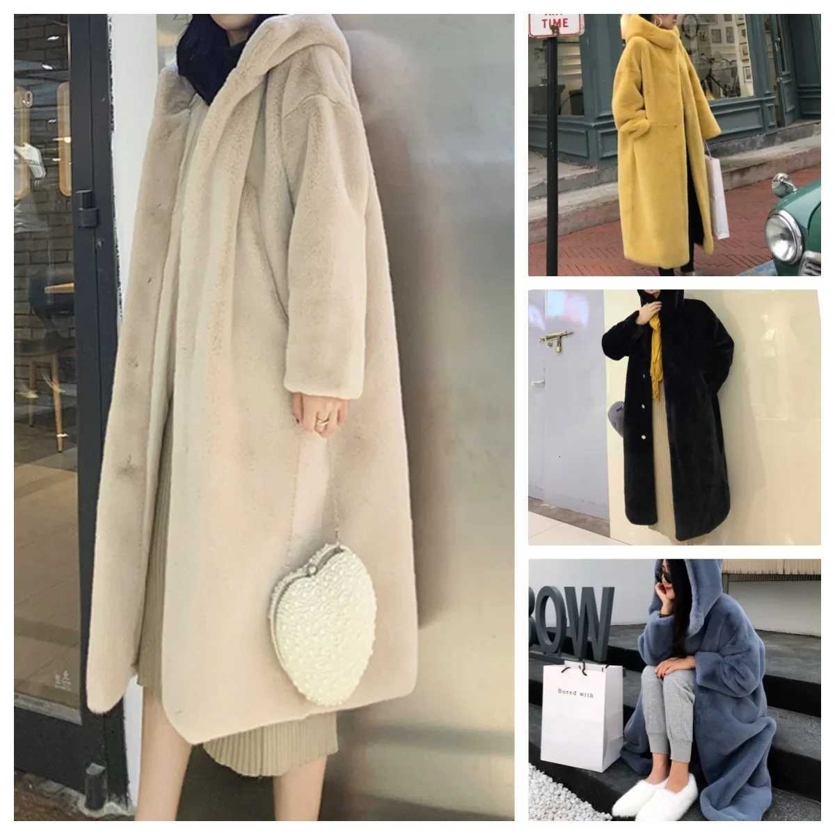 Autumn And Winter New Korean Lmitation Mink Velvet Fur Thickened Loose Plush Hat Long Coat WomenT251201