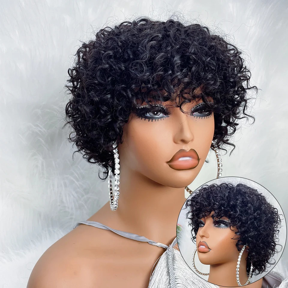 Pixie Cut Human Hair Wigs For Black Women Afro Rose Curly Funmi Glueless Wigs with Bangs Short Bouncy Curly Bob Wig With Bangs 251201