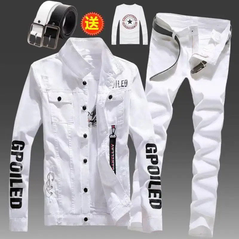 Mens Slim Fit Denim Jacket Pants 2pcs Set Long Sleeve Coats Letters Printed Casual Large Size Black White Red Boys Trousers251129