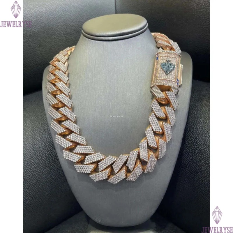 Fully Iced MOISSANITE 20mm Cuban k Hip Hop Chain Rose Gold Plated Multi Size Available Featuring Dia pass tester