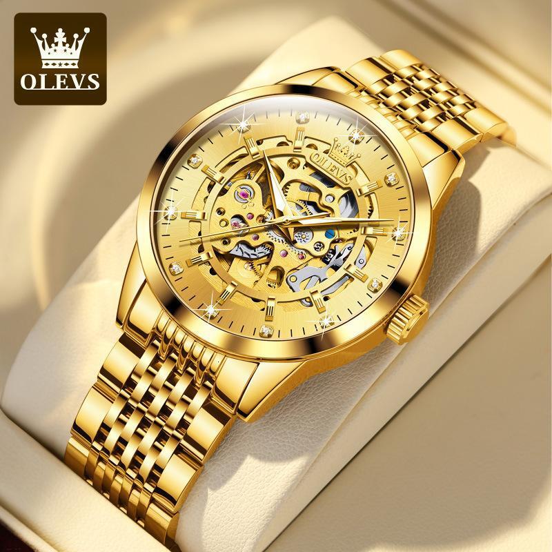 OLEVS Designer Luxury Mechanical Watch Diamond-encrusted Skeleton Large Gold Outdoor Business Luminous Waterproof Men's Watch Free Shipping Whole