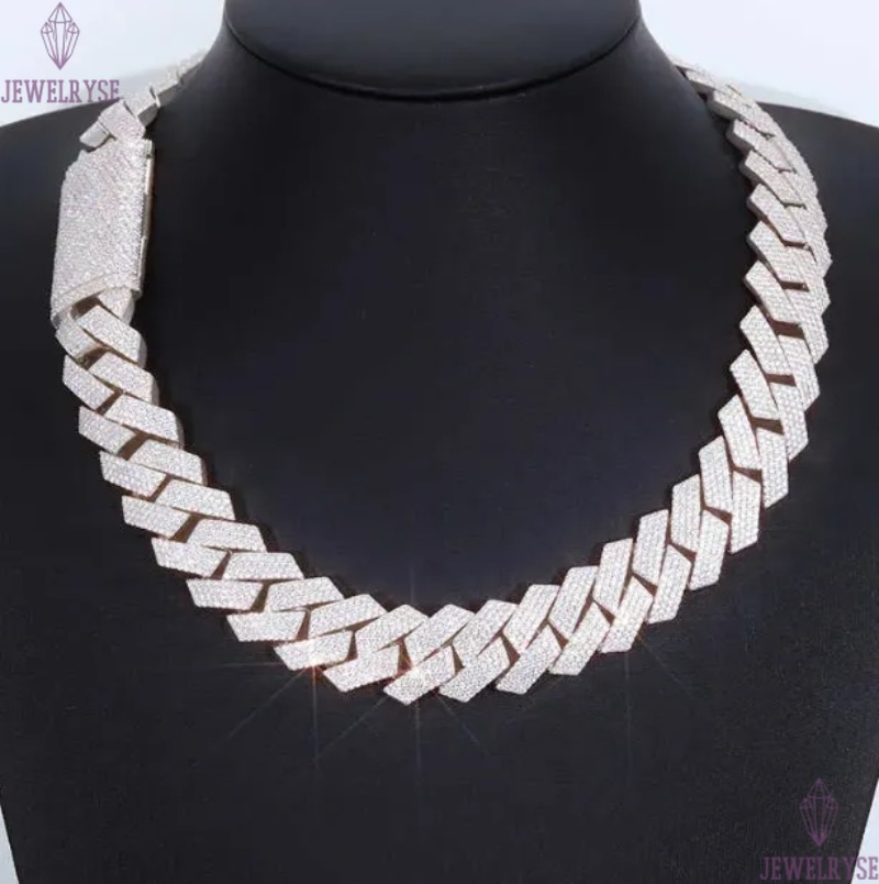 Hip Hop Inspired Sterling Silver Cuban Chain with Diamond Cut Stones for Men