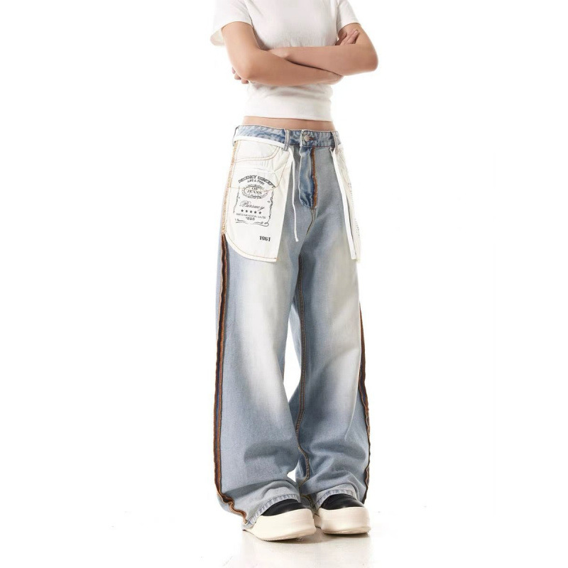 American retro flip-top design style jeans for women, loose, wide-leg, casual, straight and trendy