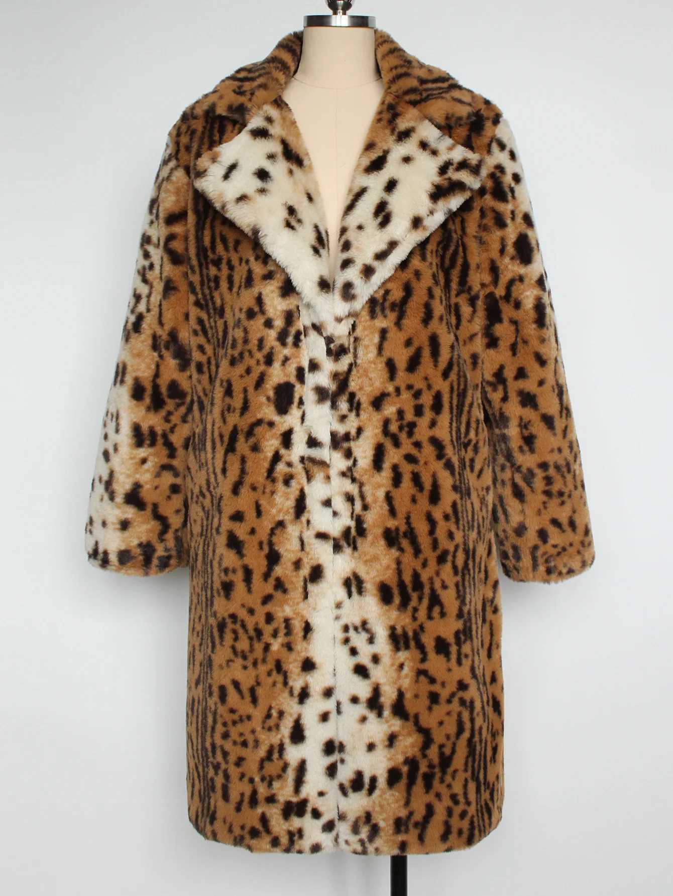 Faux Fur Women Coats Leopard Long Jackets Turn Down Collar Full Sleeves Single Breasted Straight Fit Casual Autumn Winter 2025T251201