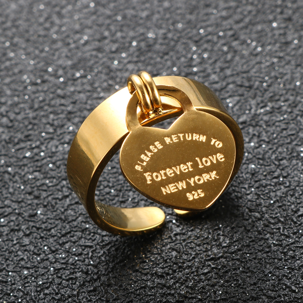 Cross Border Hot Selling Titanium Gold Plated With Carved Letters For Women Peach Heart Pendant Micro Opening Stainless Steel Ring