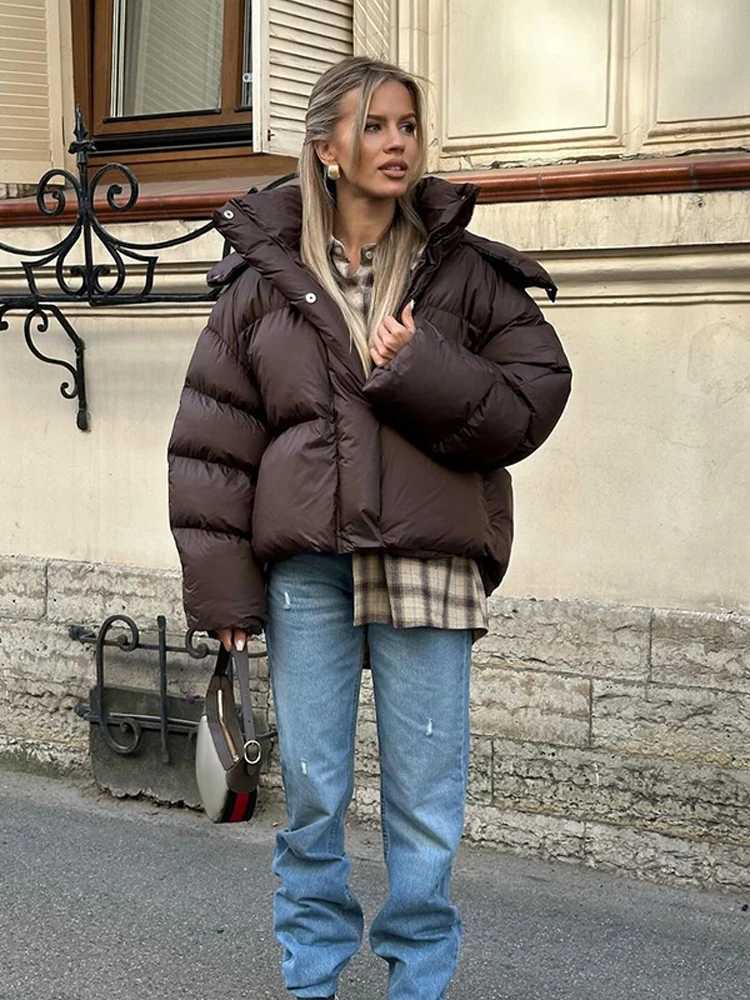 Women Hooded Short Cotton Coat Casual Brown Stand Collar Full Sleeve Loose Jacket Chic Autumn Lady Winter Office Commute OutwearT251201