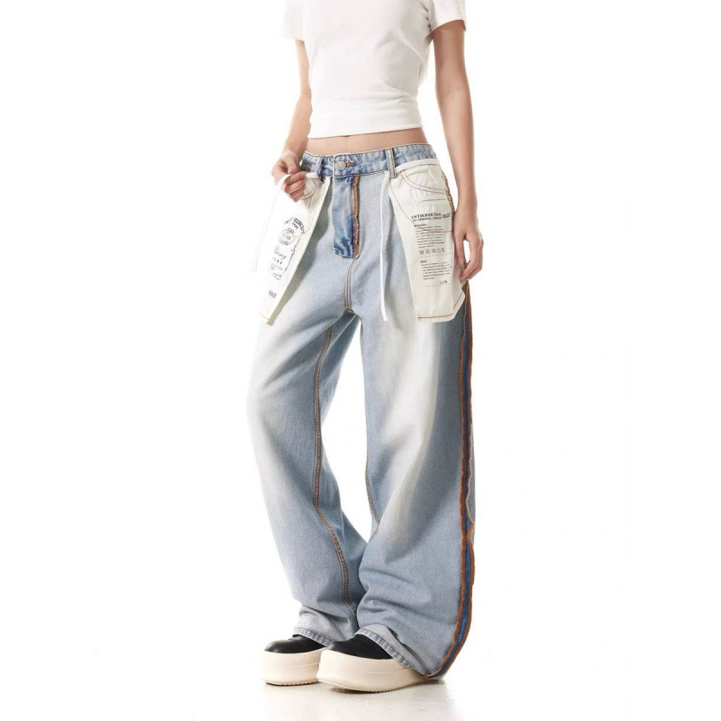 American retro flip-top design style jeans for women, loose, wide-leg, casual, straight and trendy