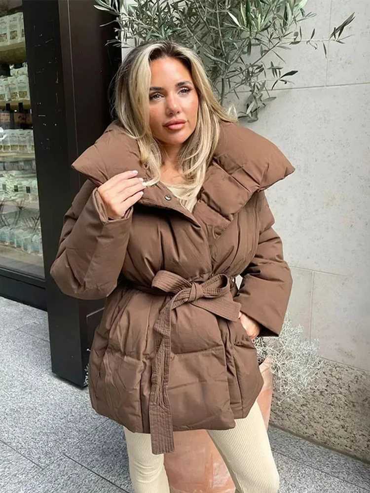 Solid Color Lapel Tied Cotton Coat Women Fashionable Long Sleeved Waist Cinched Warm Jacket Lady Casual Commute Winter OutwearT251201