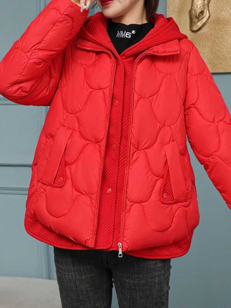 Hooded Parka Fake Two-Piece Down Cotton Clothes Womens New Short Corrugated Burr Thick Warm Cotton-Padded Jacket OutCoat LadyT251201