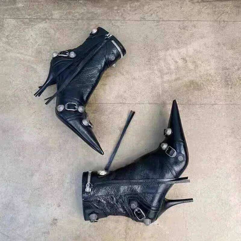 High Thin Heeled Ankle Boots for Metal Decor Rivet Fringed Zip Ppinted Toed Motorcycle Lady Booties Women Shoes