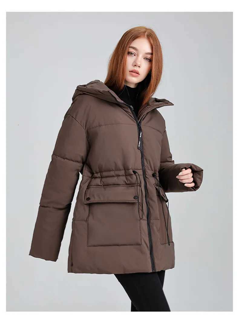 Women Drawstring Hooded Cotton Jacket Casual Fashion Stand Collar Zipper Pocket Warm Coat Lady Winter Commute Street OuterwearsT251201